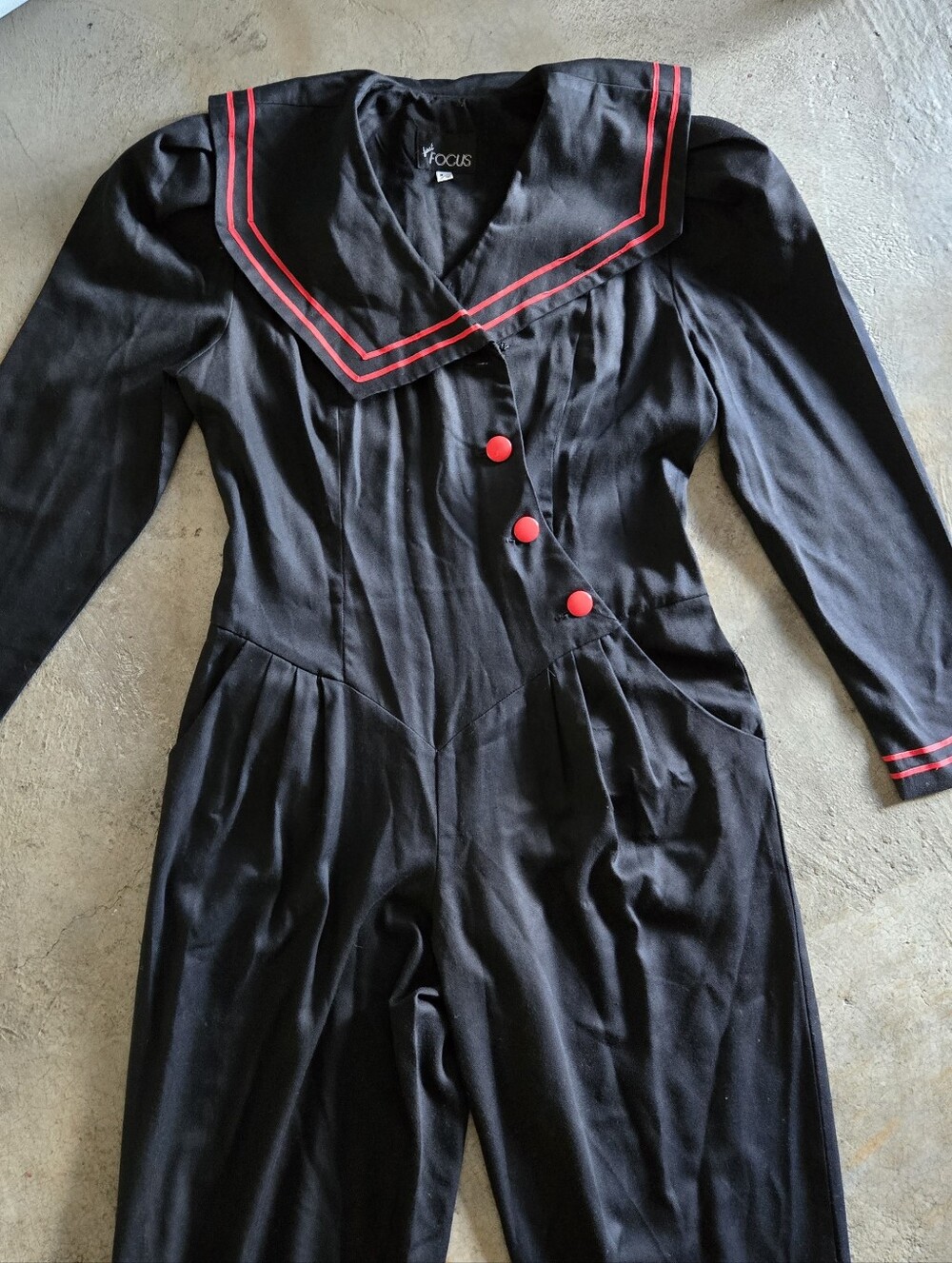 ❤️🎈1 Day Sale Vintage Black Jumpsuit with Red Trim Buttons As Is Needs Tlc M L